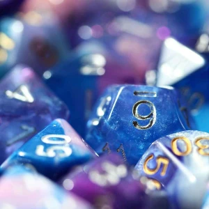 A close-up shot of blue polyhedral dice